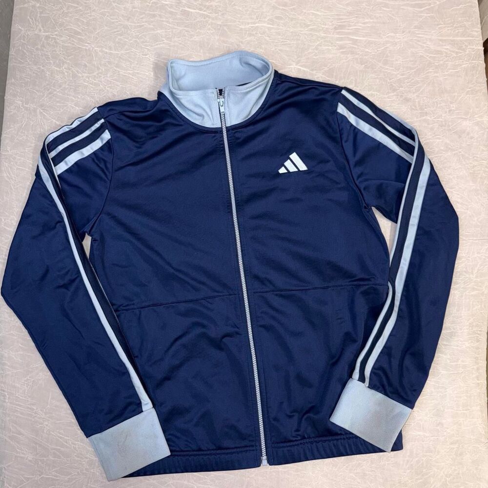 Adidas Girls L 14/16 Navy Blue 3 Stripe Full Zip Track Jacket Athletic
